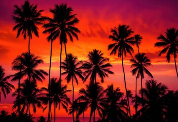 Obraz premium striking vibrant palm tree silhouettes perfect graphic design applications creative projects, tropical, nature, background, vector, sunset, landscape, art