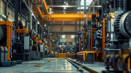 Fototapeta premium A transformer production plant where engineers build and test high-voltage power equipment. The facility is filled with heavy-duty machinery and precise assembly tools for energy transmission.