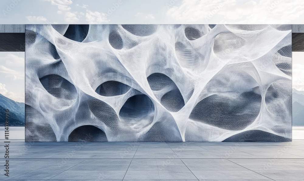 Poster blank mockup of a building mural displaying a captivating abstract design made up of intricate geome