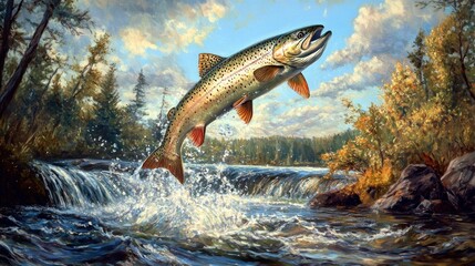 Fototapeta premium Rainbow trout jumping out of the water in a river, Capturing beauty of nature