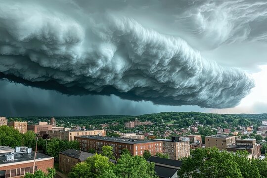 Immense dark clouds over a town; ominous, dramatic.