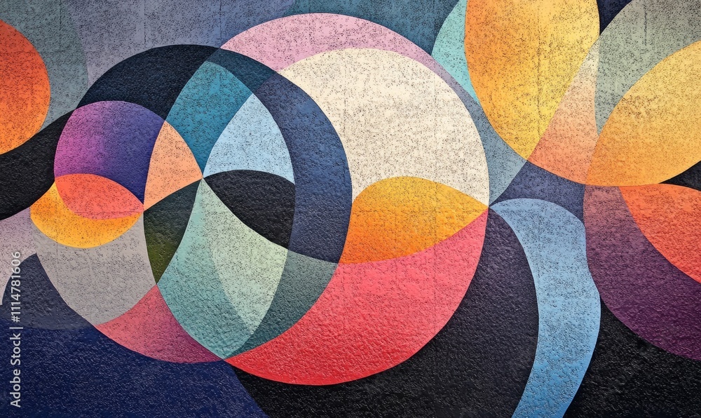 Poster closeup of a street art mural with a colorful, geometric texture. the artist used a variety of shape