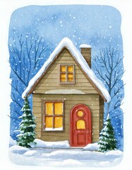 Naklejka premium Watercolor cozy little house in winter scene vector illustration, merry christmas postcard design, seasonal new year greetings