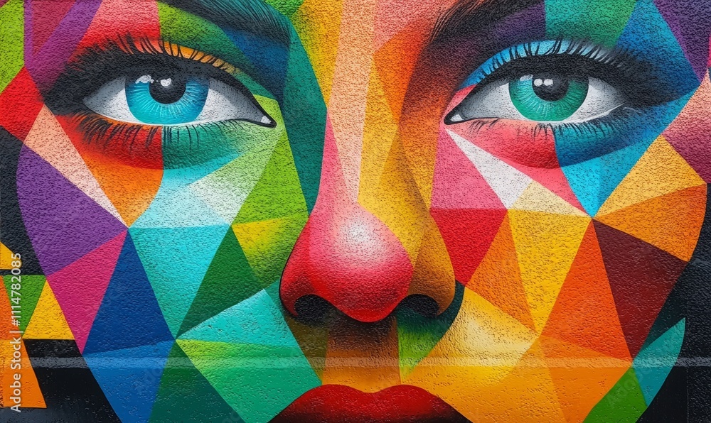 Aufkleber closeup of a street art mural with a colorful, geometric texture. the artist used a variety of shape