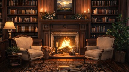 Elegant Home Library with Fireplace, Vintage Armchairs, and Candlelit Decor, Perfect for Reading, Luxury Interiors, Relaxation Spaces, or Cozy Autumn Ambiance
