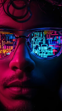 Computer code on hacker programmer glasses Cyber Information Data Software Encryption Security Technology Face Closeup