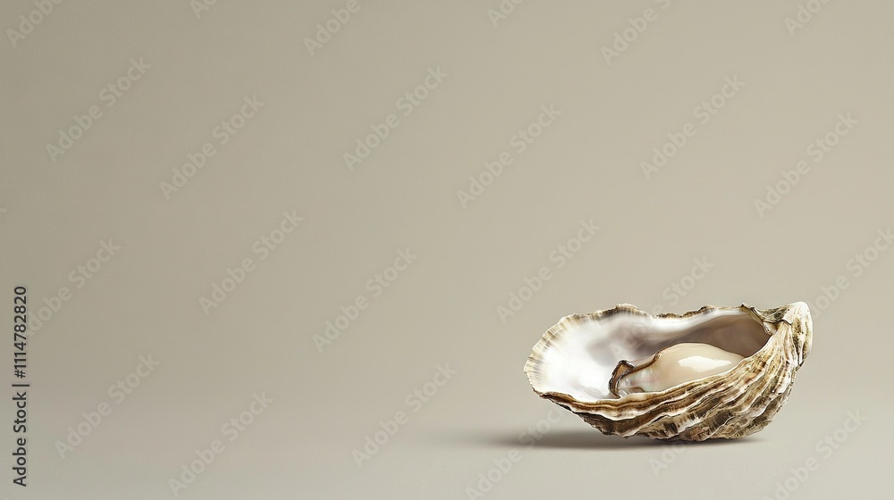 Poster an oyster shell on a gray background with a shadowed shell below and another shadowed shell beneath 