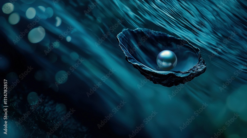 Poster close-up of a shell with a pearl inside and water in the background