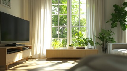 Fototapeta premium Luxurious modern living room in Scandinavian style with TV, sunlight, curtains, and wide windows. 