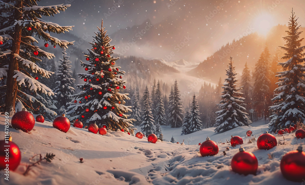 Poster christmas tree with red balls on it. the tree is surrounded by snow. there are many red balls scatte