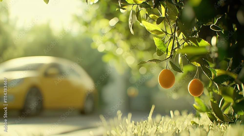Poster an orange tree with two oranges dangling from its branches stands in front of a yellow car on the st