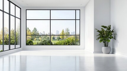 Fototapeta premium Modern apartment interior with white walls and a panoramic yard view