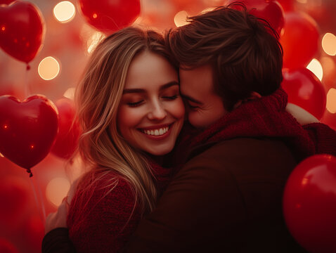 Walentynki - Zakochana para wśr&oacute;d czerwonych balon&oacute;w