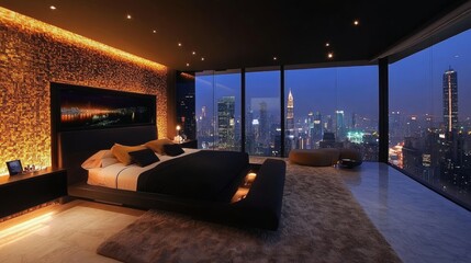 Nighttime luxury bedroom with city views, black decor, and terrazzo details. 