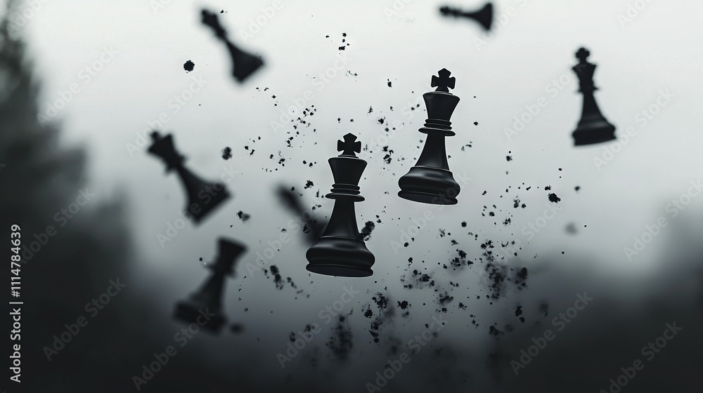 Poster a monochrome image shows chess pieces floating mid-air against a hazy backdrop of tree trunks