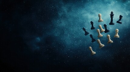   Black and white chess pieces float in mid-air against a dark blue backdrop, surrounded by twinkling stars