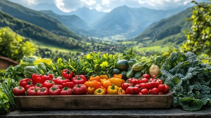 Image of an Assortment of Fresh Colorful Vegetables and Herbs Harvested from a Lush Organic Garden, Set in a Scenic Natural Landscape of Mountains, Valleys, and Meadows