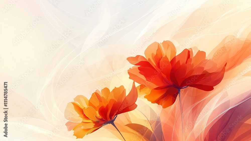 Poster a sharp image of two vibrant orange blossoms against a backdrop of white and orange, with a soft haz