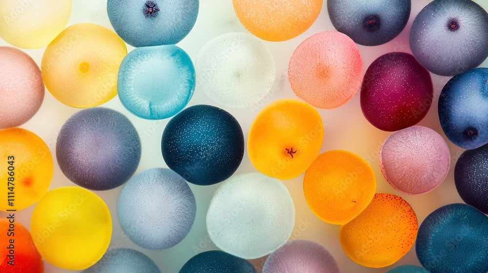 Poster a close-up of multicolored balls on a white background with a centered black dot