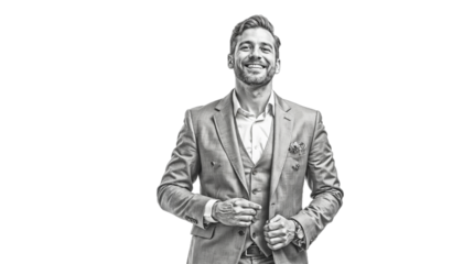 In this black and white photo, a sharp and stylish man poses in a timeless, 20th century style suit with a confident smile.