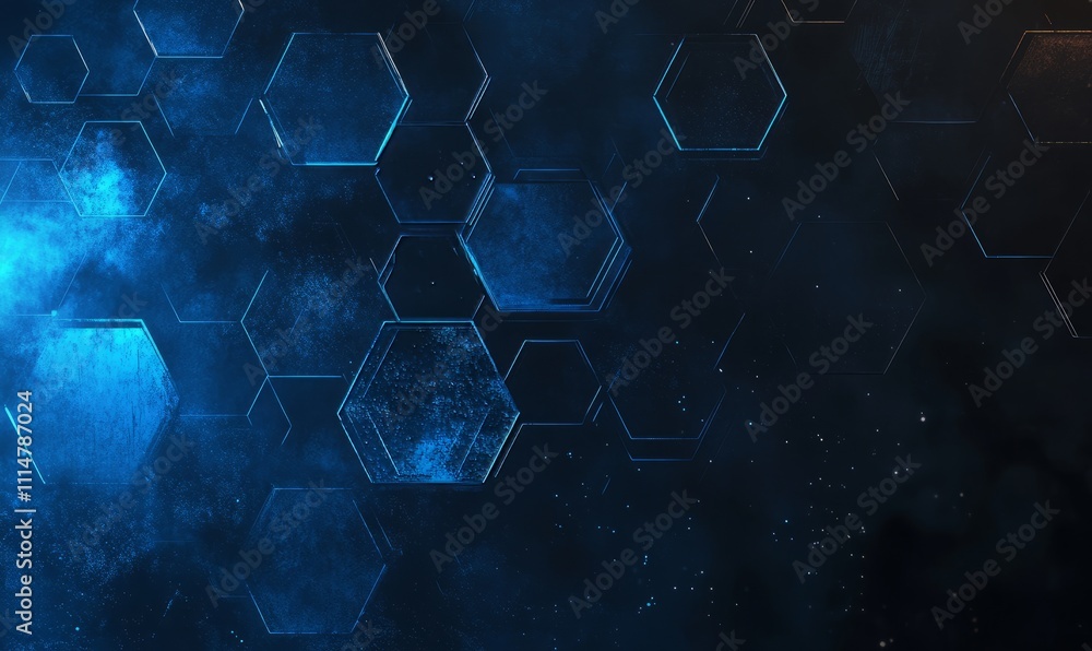 Poster featuring a gradient of blue hexagons on a minimalistic abstract background,