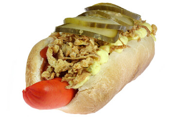 fresh Danish style hot dog with traditional red sausage isolated on white background