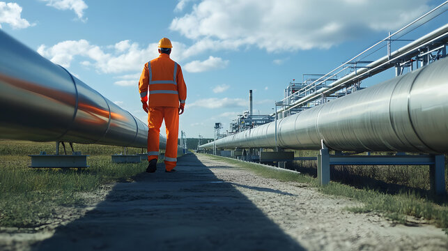 AR Concept: Industrial Engineer Uses Augmented Reality Digital Tablet to Scan Large Metal Construction, Special Effects Show Visualization / Digitalization of Oil, Gas and Fuel Transport Pipeline.