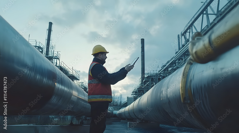 Poster ar concept: industrial engineer uses augmented reality digital tablet to scan large metal constructi