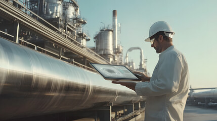Naklejka premium AR Concept: Industrial Engineer Uses Augmented Reality Digital Tablet to Scan Large Metal Construction, Special Effects Show Visualization / Digitalization of Oil, Gas and Fuel Transport Pipeline.