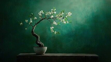   A stunning depiction of a white bonsai tree adorned with white blooms, nestled inside a white vase atop a dark table The lush green backdrop adds