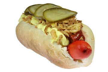 fresh Danish style hot dog with traditional red sausage isolated on white background