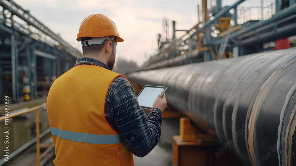 Poster ar concept: industrial engineer uses augmented reality digital tablet to scan large metal constructi