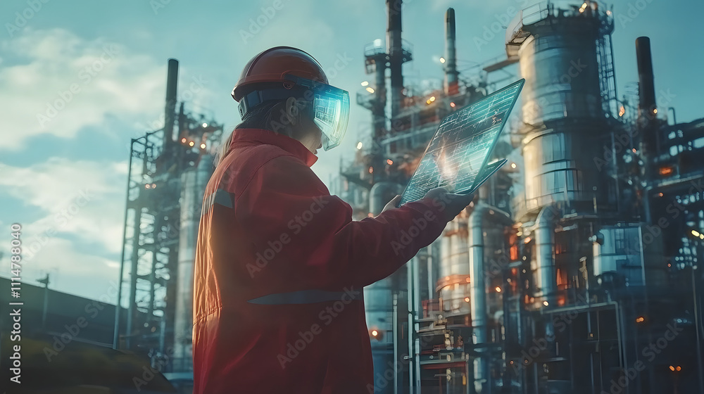 Poster ar concept: industrial engineer uses augmented reality digital tablet to scan large metal constructi