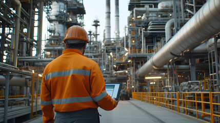 AR Concept: Industrial Engineer Uses Augmented Reality Digital Tablet to Scan Large Metal Construction, Special Effects Show Visualization / Digitalization of Oil, Gas and Fuel Transport Pipeline.