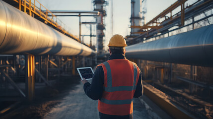 AR Concept: Industrial Engineer Uses Augmented Reality Digital Tablet to Scan Large Metal Construction, Special Effects Show Visualization / Digitalization of Oil, Gas and Fuel Transport Pipeline.