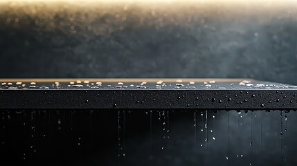  Minimalist image of raindrops streaking down clear surface with blurred gray background, leaving ample empty space for messaging or design elements.