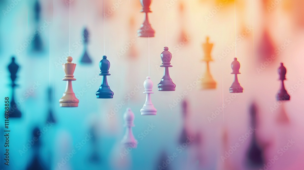 Poster a colorful room with strings of dangling chess pieces, a chandelier above it all