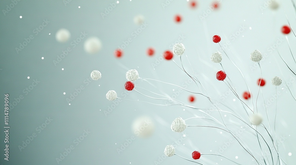 Poster red and white balls float near a tree with red and white balls