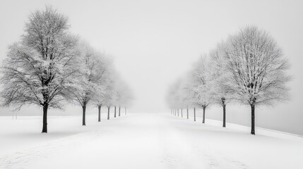  Symmetrical row of snow-covered trees forming serene pathway in misty winter scene, highlighting natural beauty and tranquility.