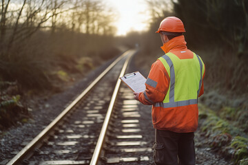 Worker standing on railway tracks with clipboard under soft evening light. Focus on professionalism in field inspections.
