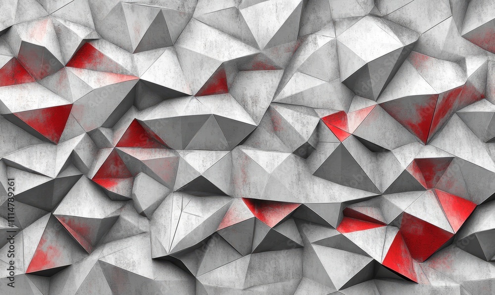 Poster the background has an abstract gray color and low poly textures of triangles in red