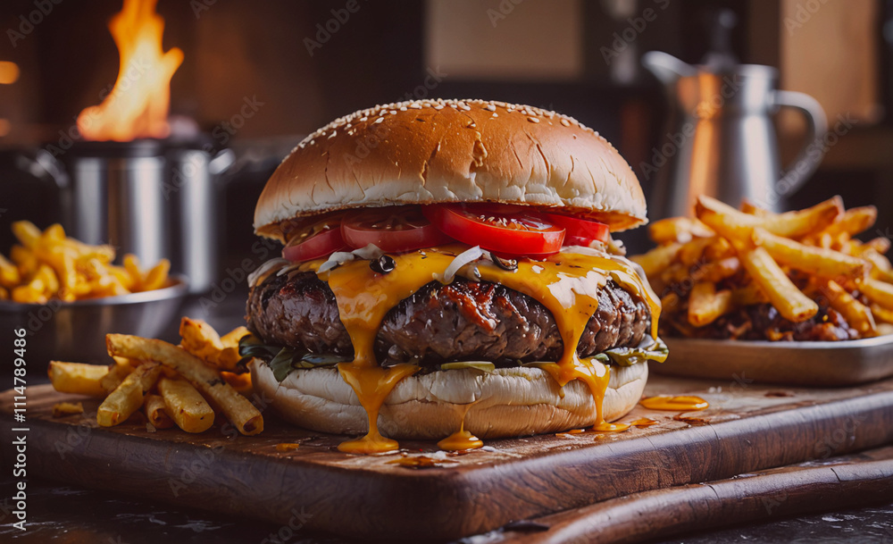 Poster burger with cheese and tomatoes on top of it. there are also french fries on the table
