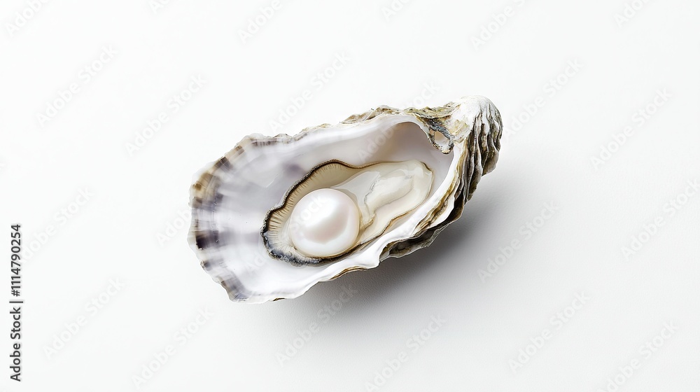 Poster a detailed photo of a seashell containing a pearl, captured against a pure white backdrop with a mir