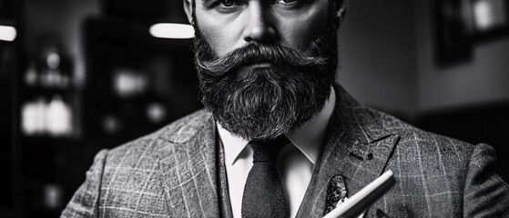 Obraz premium Stylish Man with Thick Beard and Mustache in Gray Suit, Black and White Portrait