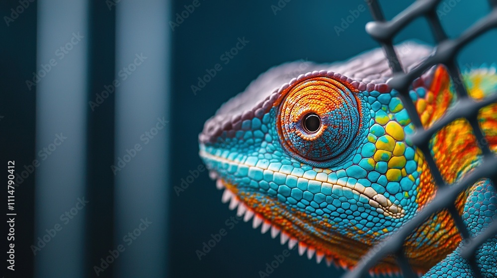 Poster   A close-up of a colorful chameleon's head peeking through a chain link fence in a zoo