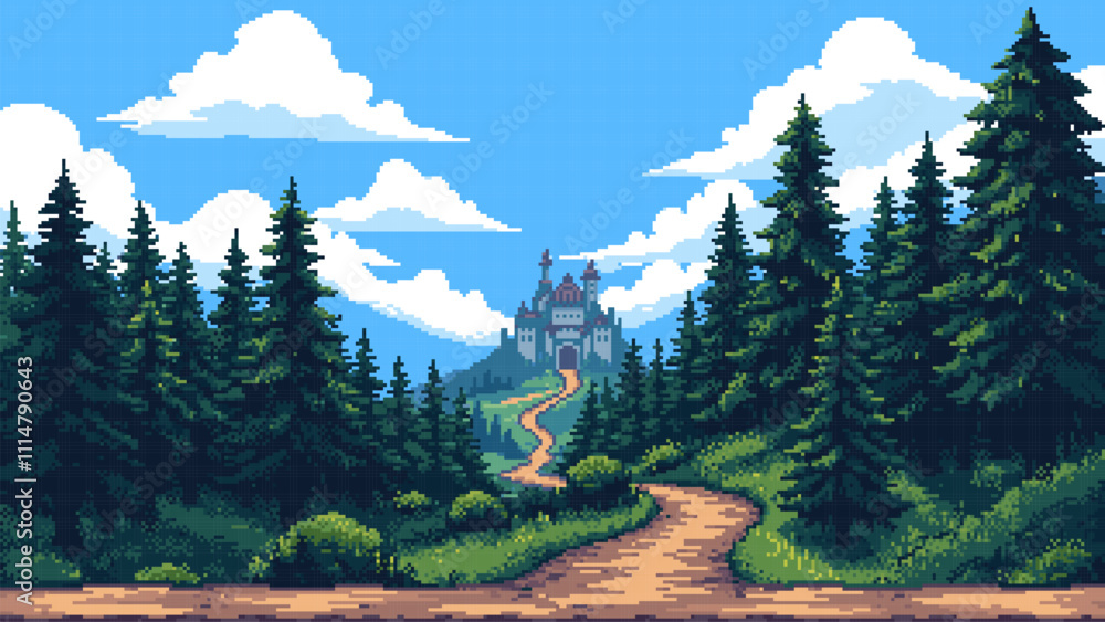 Poster pixel art game level background, forest, road to the castle, clouds. 8bit retro arcade game. vector 