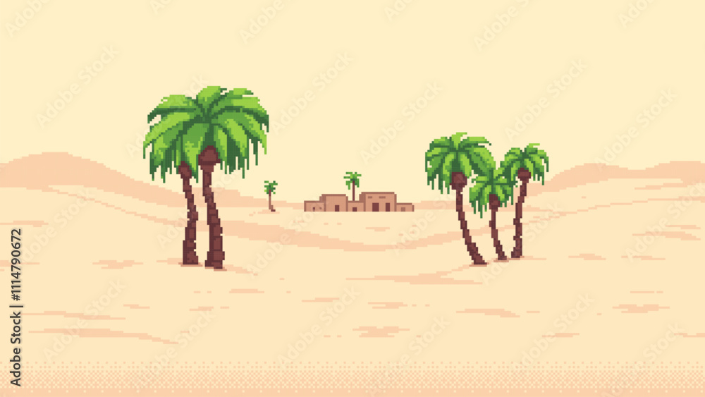 Poster pixel art game level background, building in desert, house in sand, palm trees. 8bit retro arcade ga