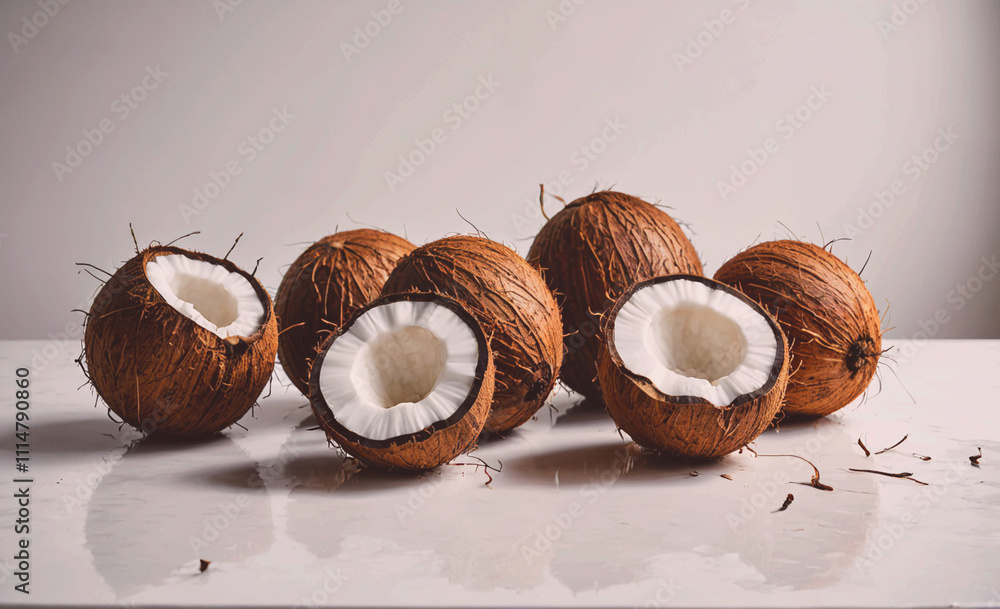 Aufkleber Bunch of coconuts with one of them cut open. The coconuts are all different sizes and are arranged in a row
