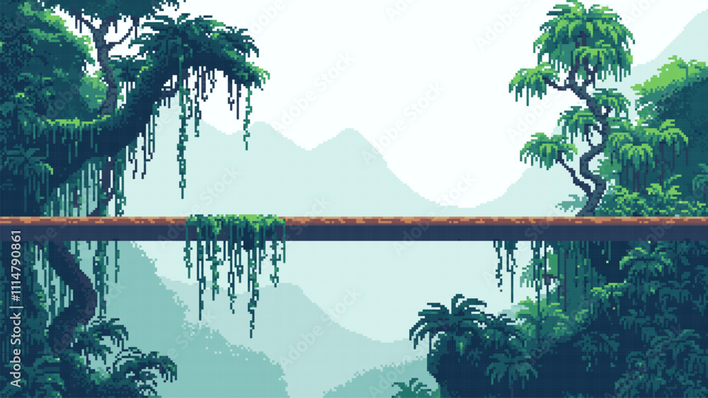 Poster pixel art game level background, tropics, bridge over jungle, thicket. 8bit retro arcade game. vecto
