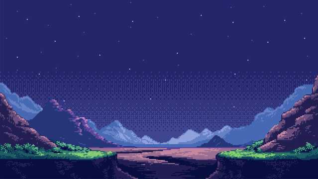 pixel art game level background, space, planet surface, starry sky, mountains. 8bit retro arcade game. vector illustration